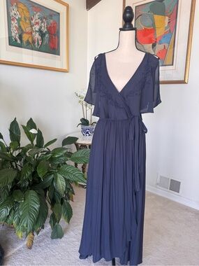 Free People Navy Wrap Maxi Dress with Embroidered Detail